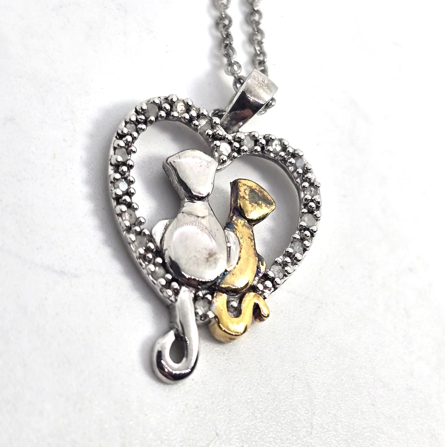 Silver and gold sitting kitty cat love heart CZ sterling silver necklace