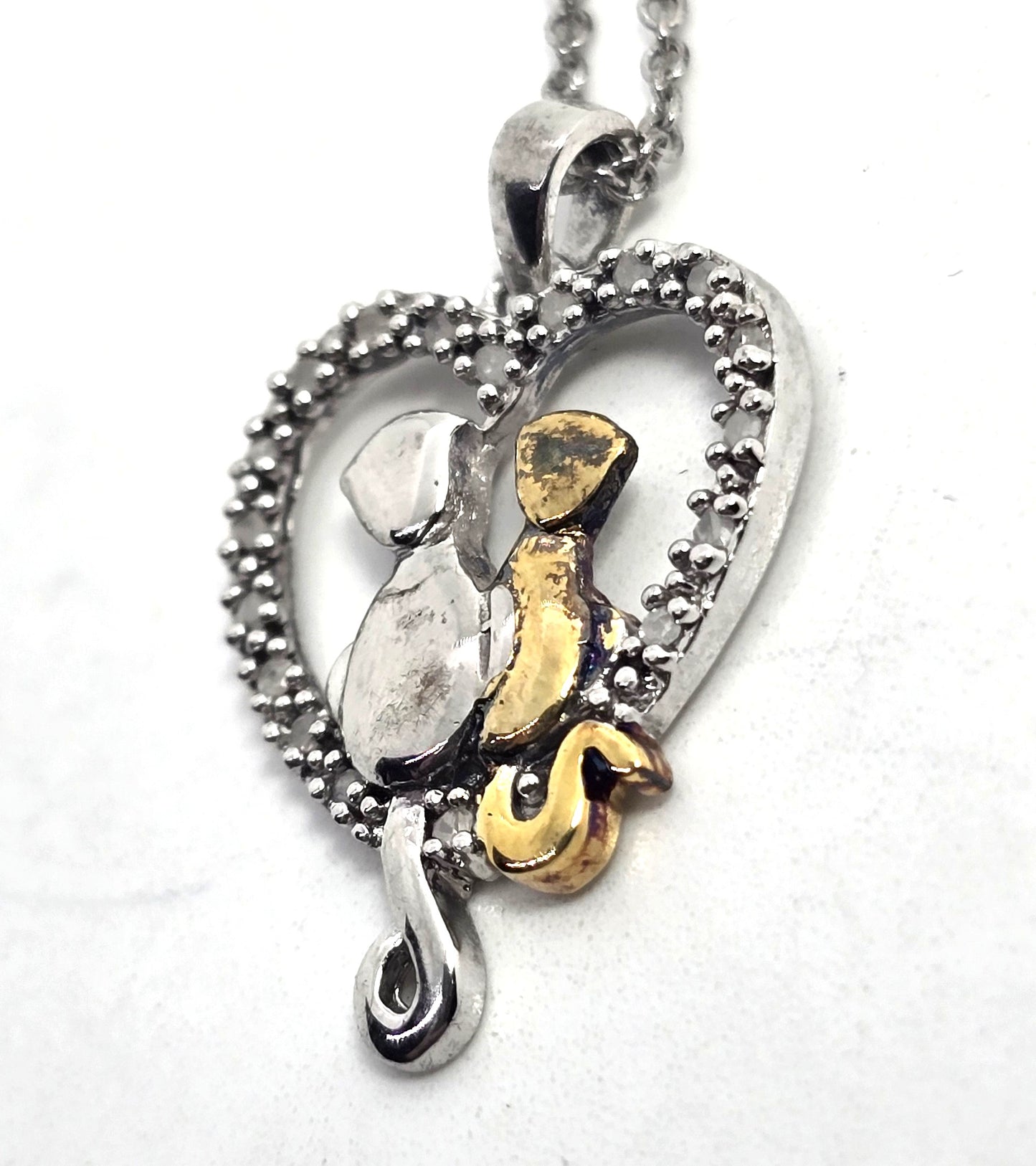 Silver and gold sitting kitty cat love heart CZ sterling silver necklace