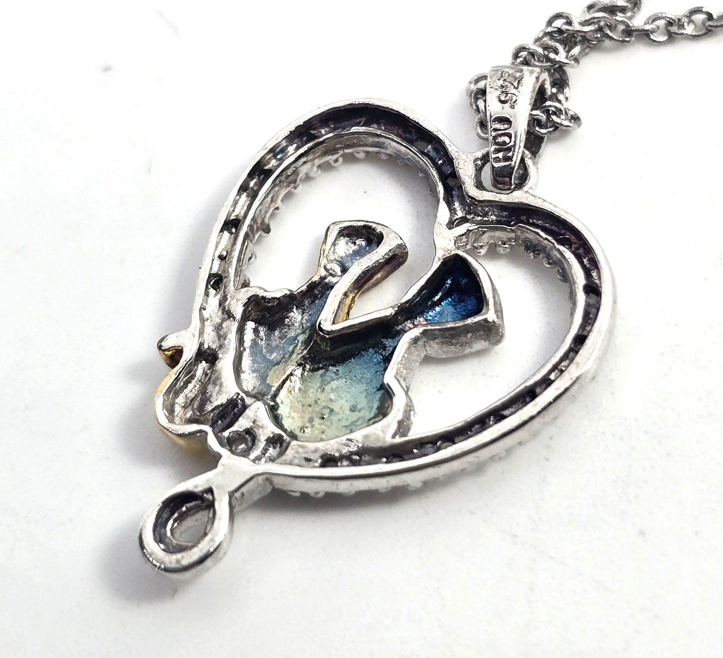 Silver and gold sitting kitty cat love heart CZ sterling silver necklace