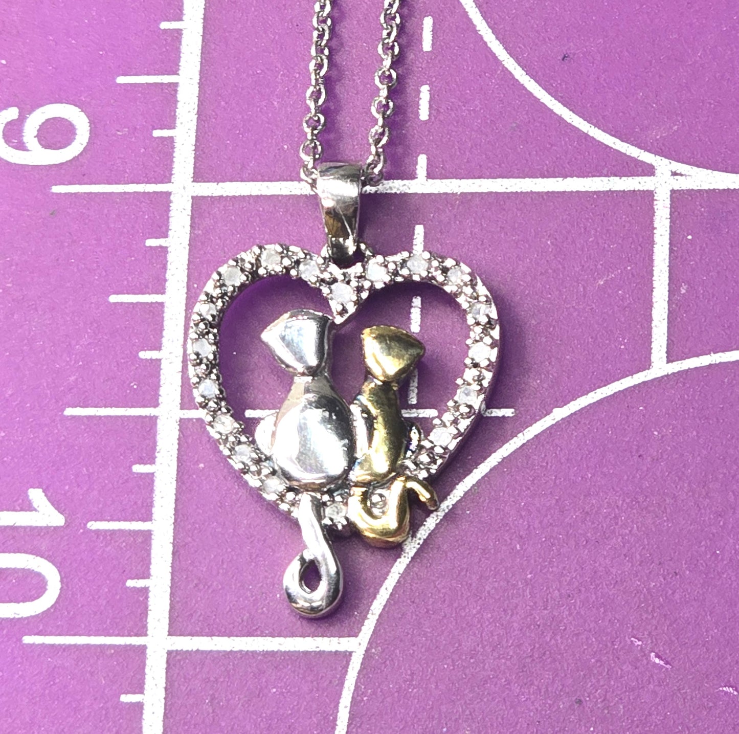 Silver and gold sitting kitty cat love heart CZ sterling silver necklace