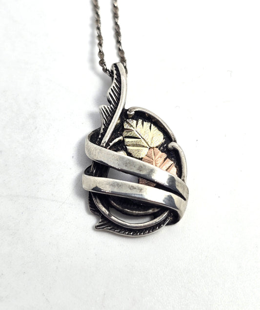 Black Hills Gold Coleman Co Yellow Rose 12k gold Leaf swirled sterling necklace