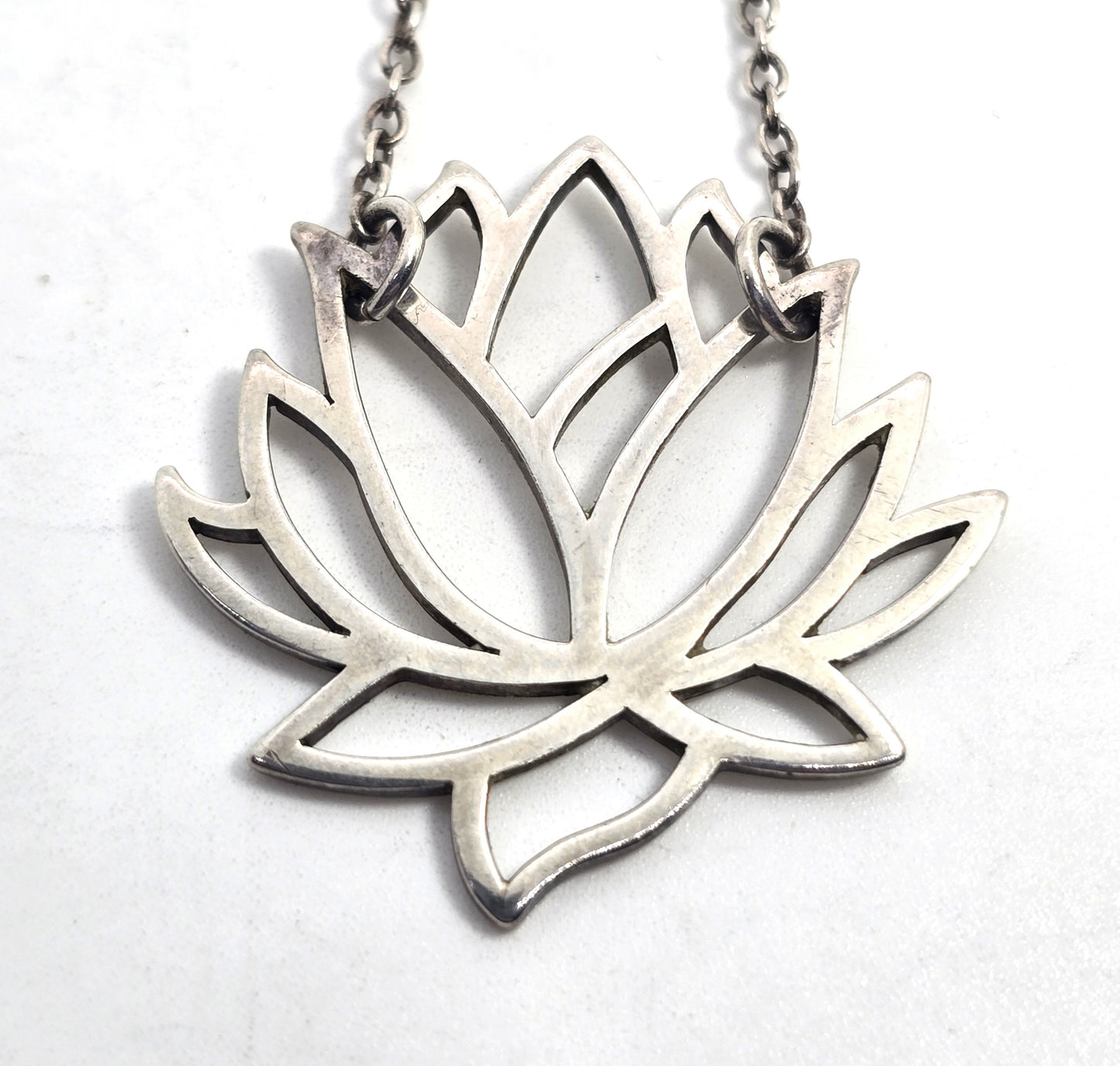 Lotus flower large open frame sterling silver necklace