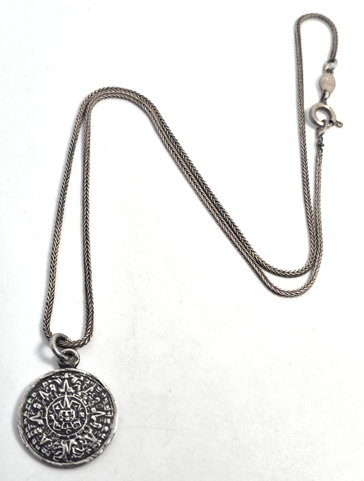 Aztec Mayan Calendar vintage Mexican sterling silver signed pendant necklace