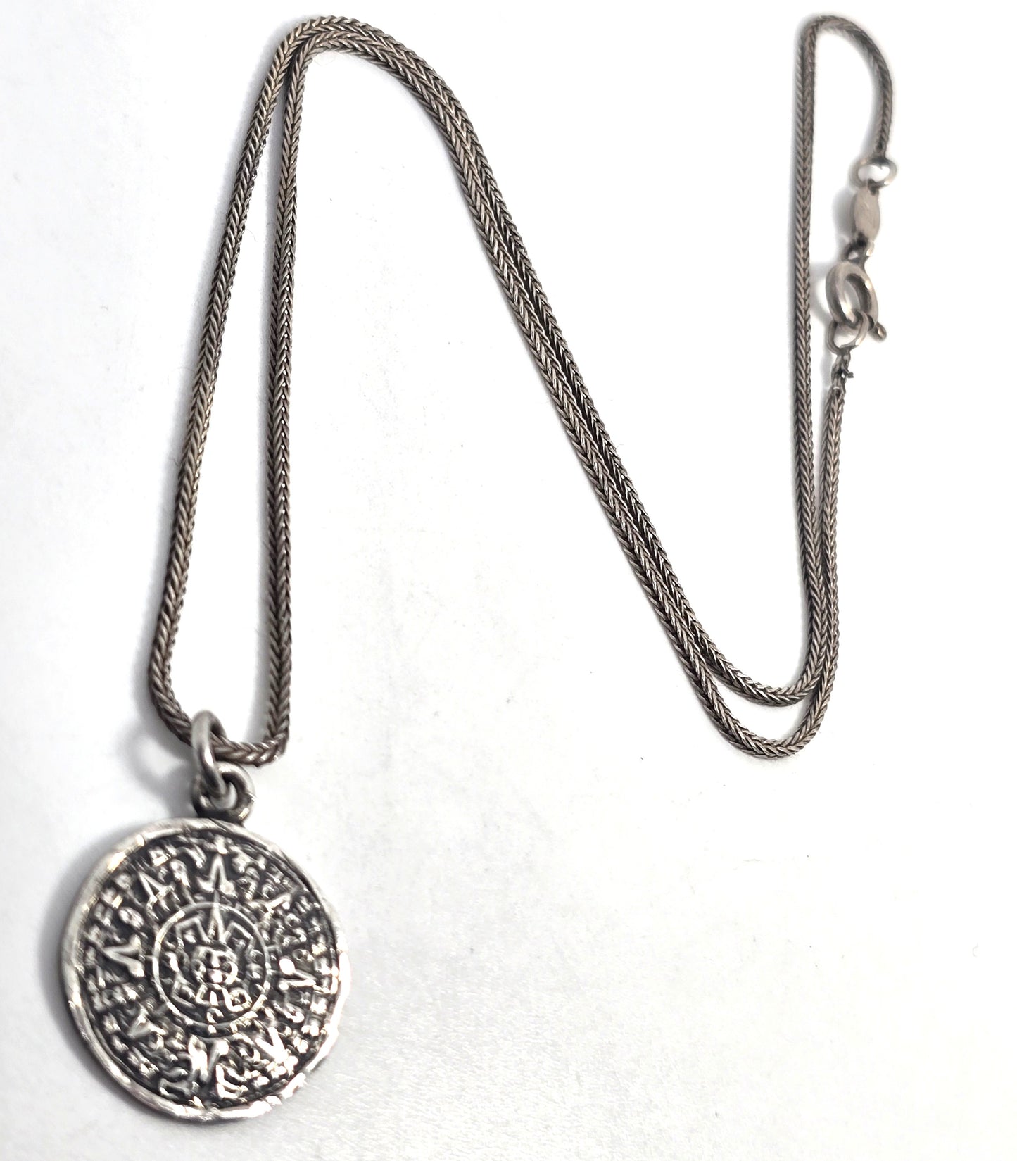 Aztec Mayan Calendar vintage Mexican sterling silver signed pendant necklace