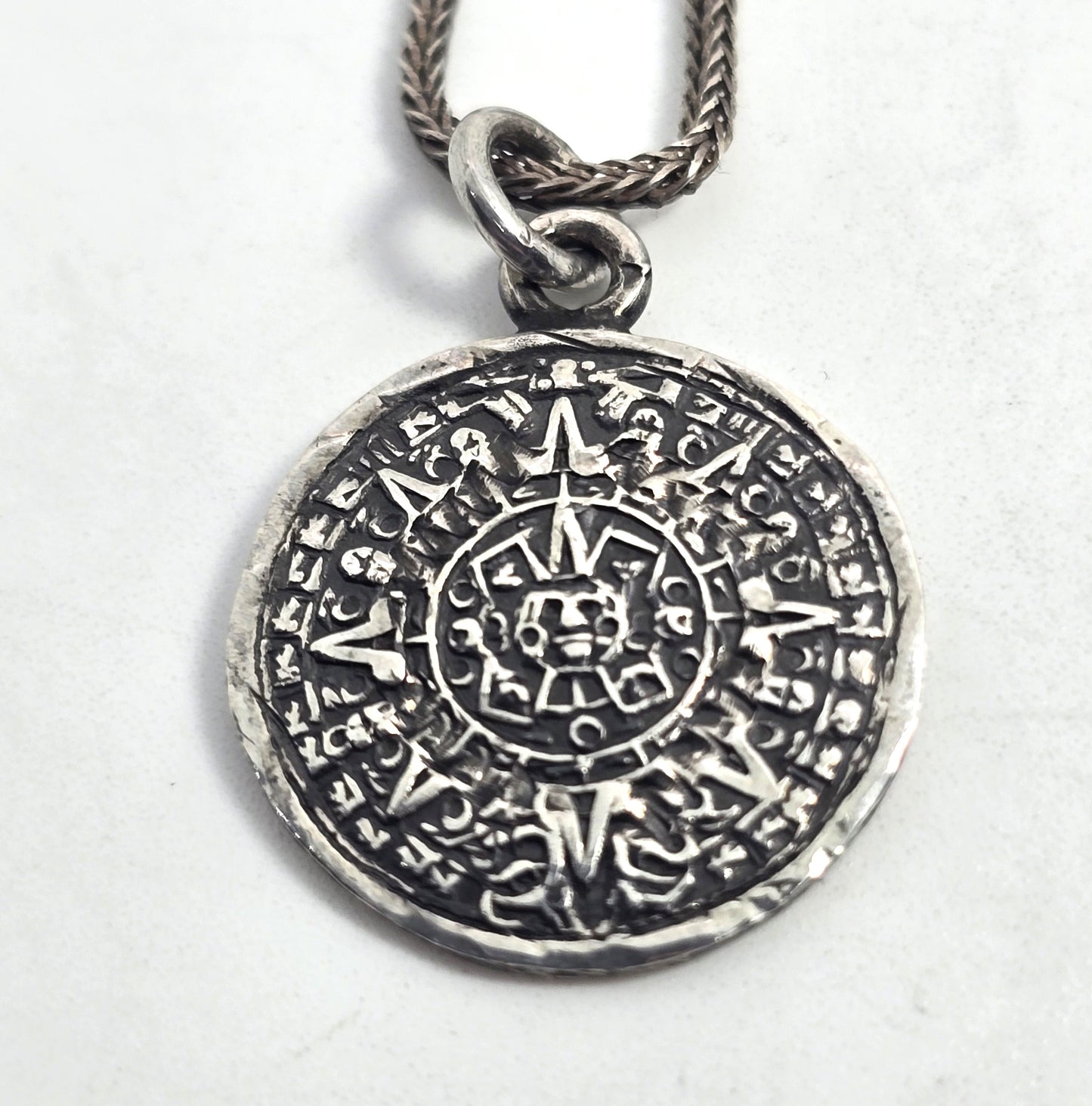 Aztec Mayan Calendar vintage Mexican sterling silver signed pendant necklace