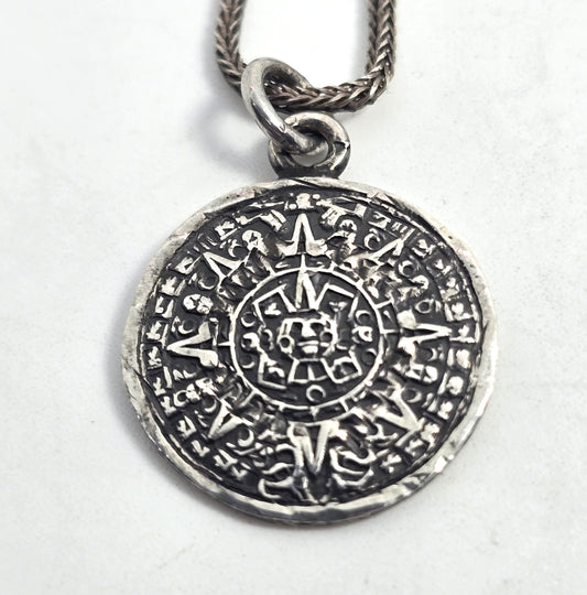 Aztec Mayan Calendar vintage Mexican sterling silver signed pendant necklace