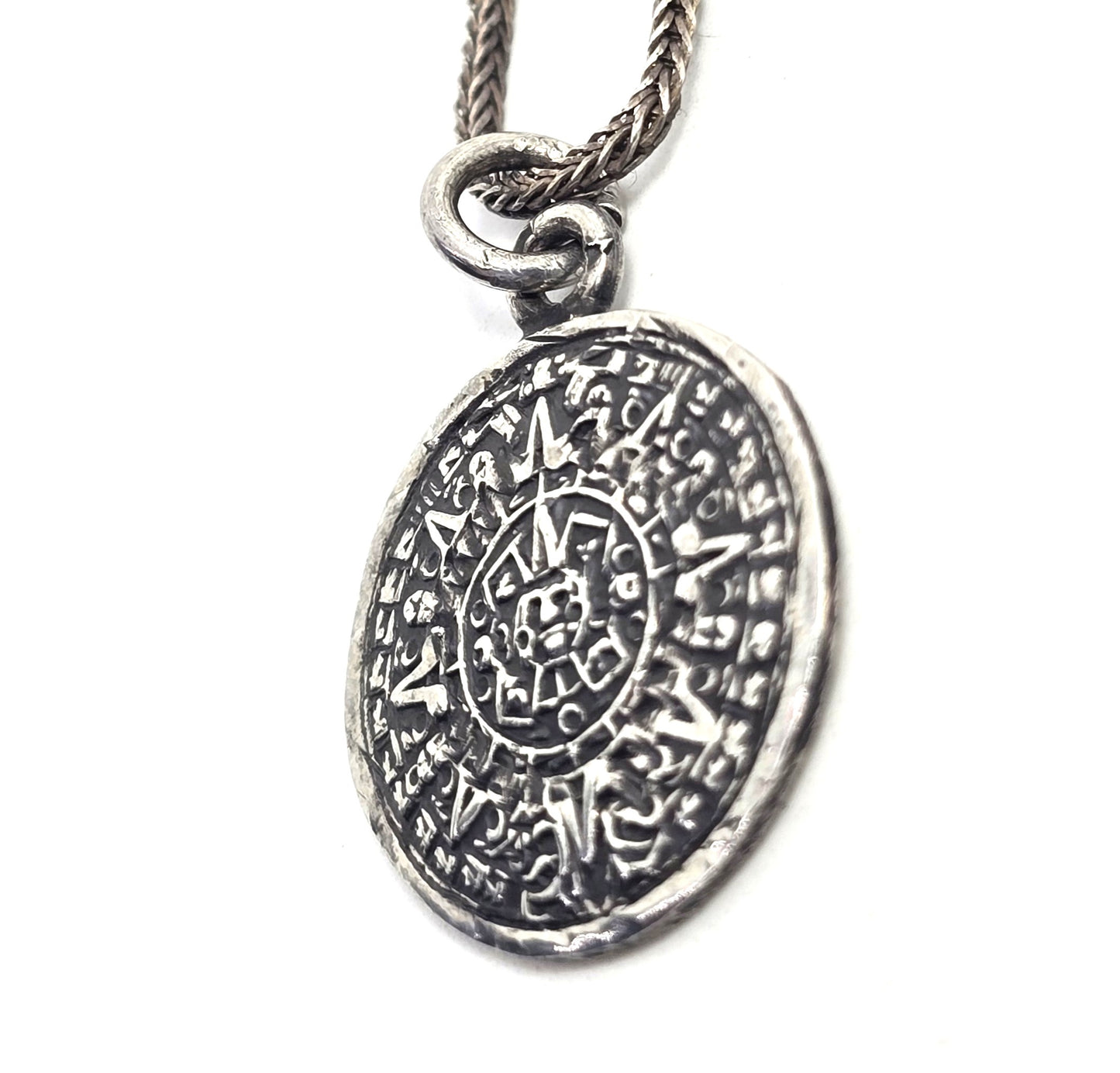 Aztec Mayan Calendar vintage Mexican sterling silver signed pendant necklace