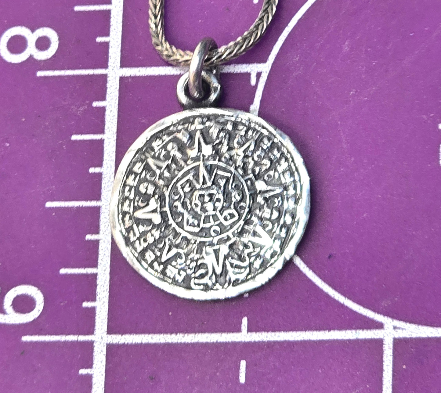 Aztec Mayan Calendar vintage Mexican sterling silver signed pendant necklace
