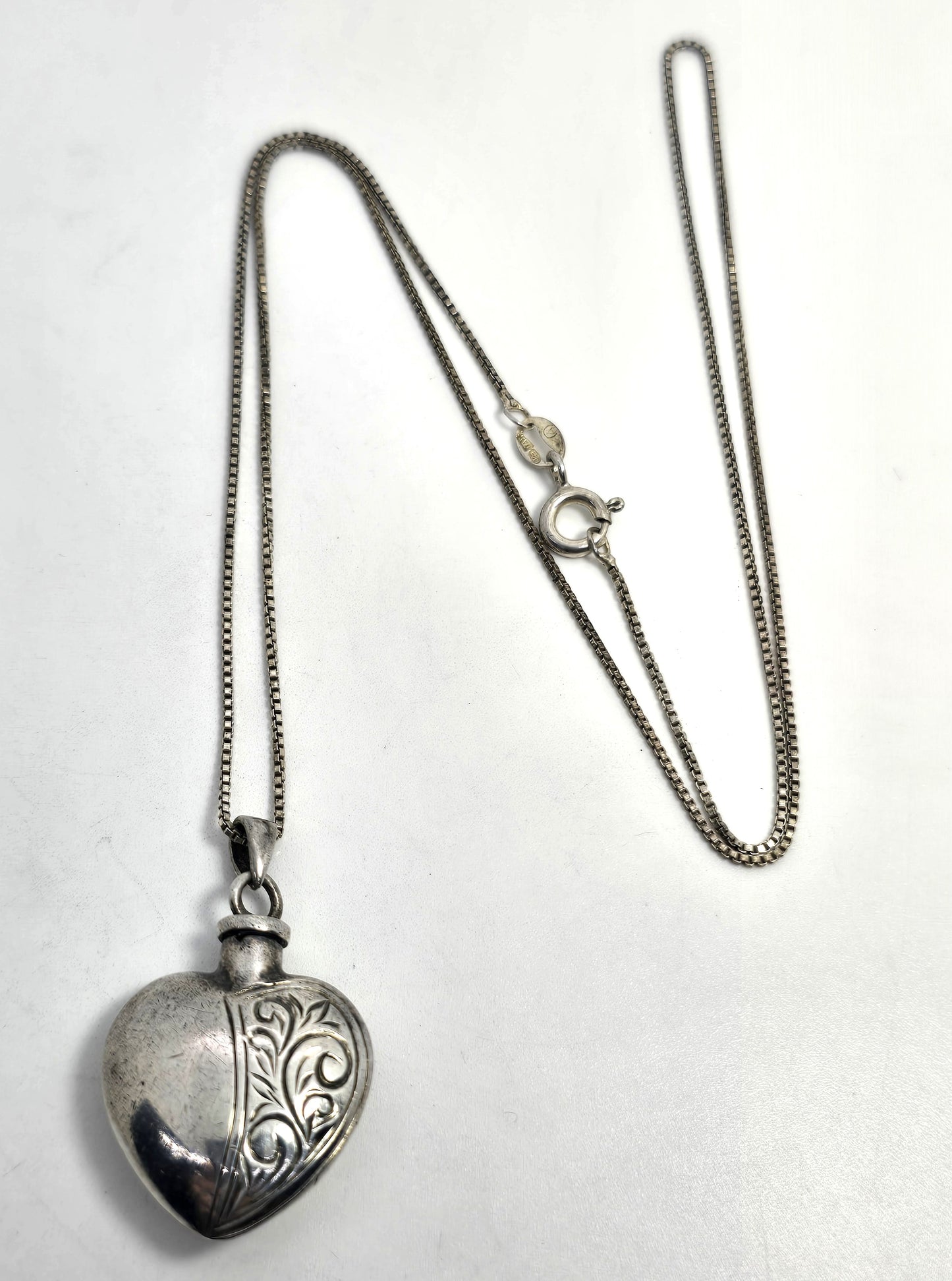Etched heart perfume cremation sterling silver memento mori necklace