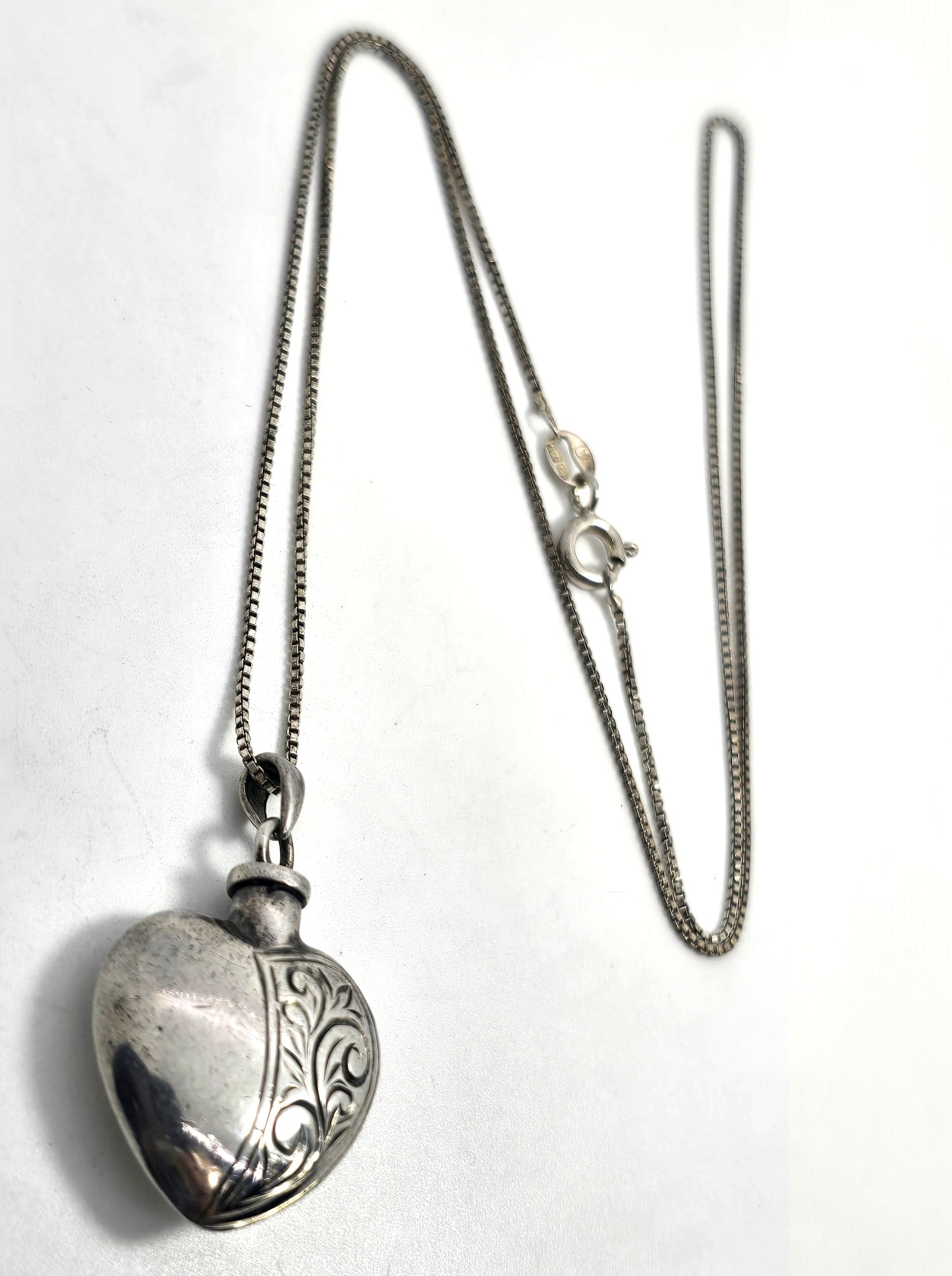 Etched heart perfume cremation sterling silver memento mori necklace