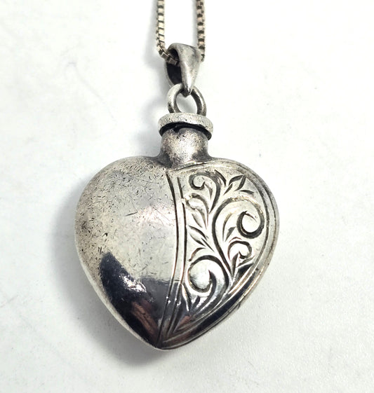 Etched heart perfume cremation sterling silver memento mori necklace