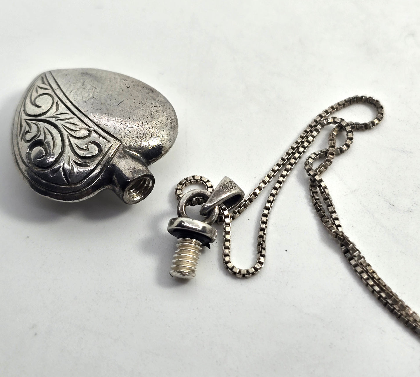 Etched heart perfume cremation sterling silver memento mori necklace