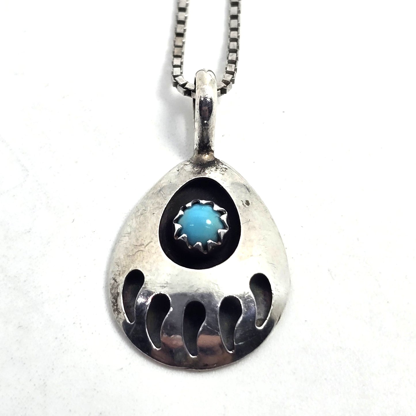 Navajo bear paw blue turquoise vintage sterling pendant necklace