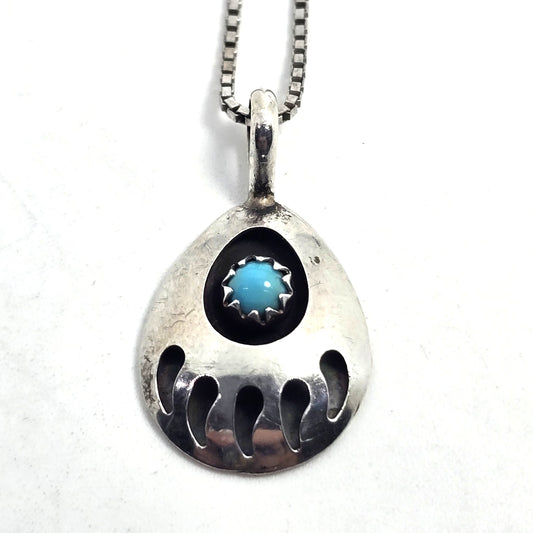Navajo bear paw blue turquoise vintage sterling pendant necklace
