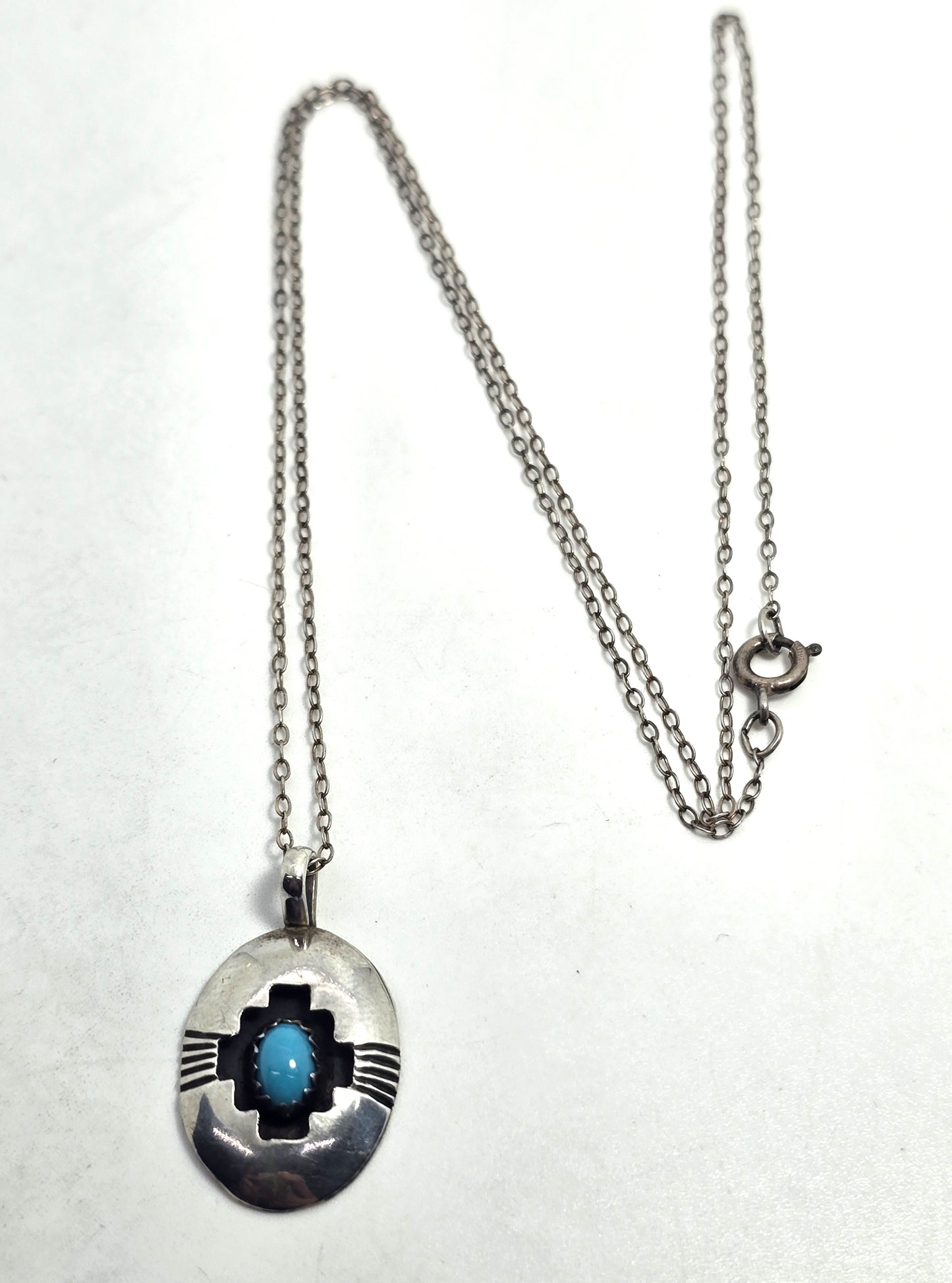 Navajo shadow box turquoise vintage sterling silver pendant necklace