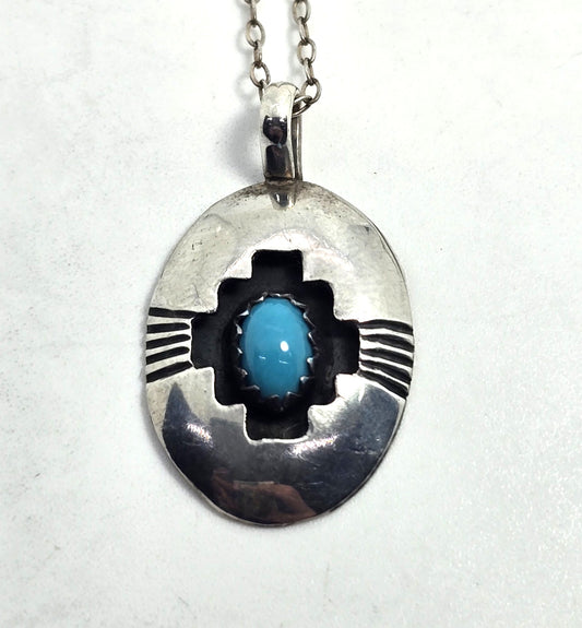 Navajo shadow box turquoise vintage sterling silver pendant necklace