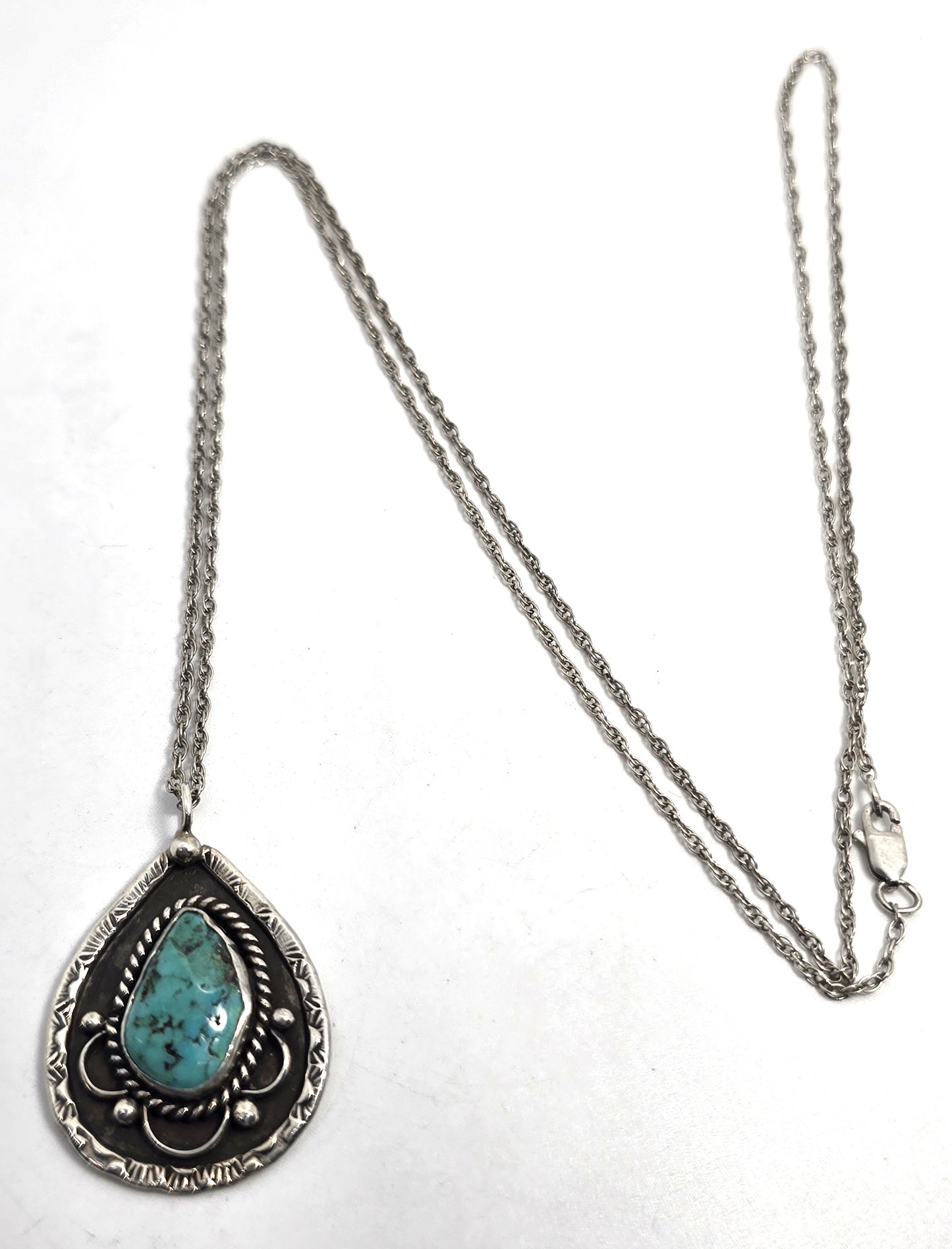 LC natural Turquoise sterling silver Navajo Native American pendant necklace