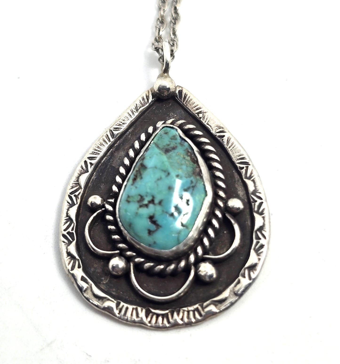 LC natural Turquoise sterling silver Navajo Native American pendant necklace