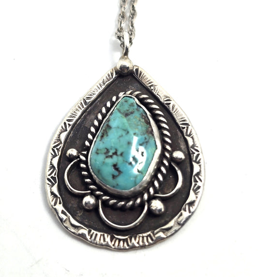 LC natural Turquoise sterling silver Navajo Native American pendant necklace