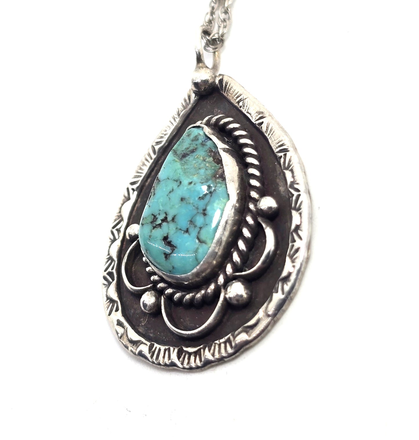 LC natural Turquoise sterling silver Navajo Native American pendant necklace