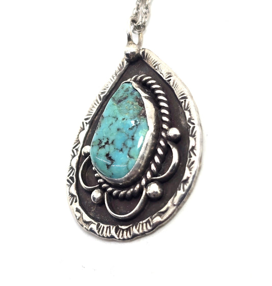 LC natural Turquoise sterling silver Navajo Native American pendant necklace