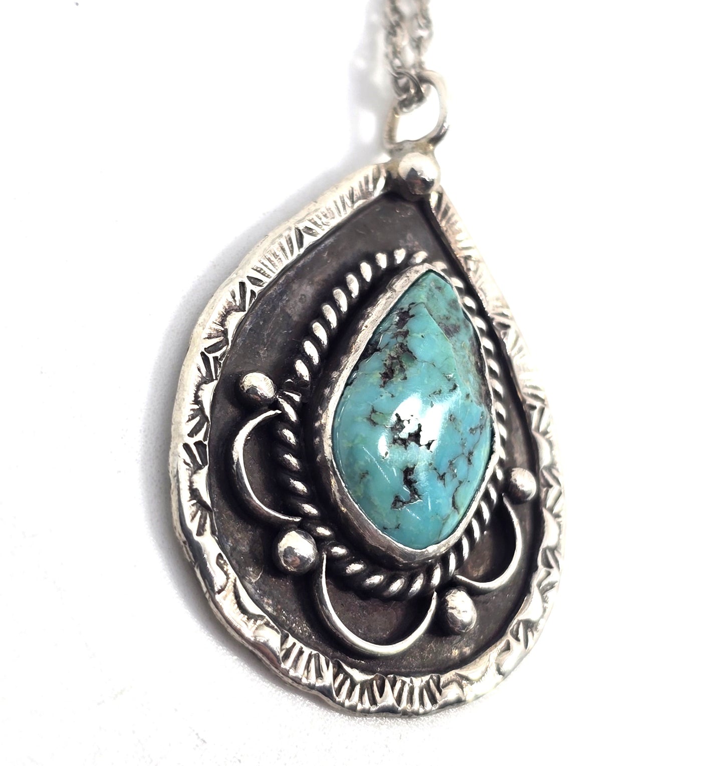LC natural Turquoise sterling silver Navajo Native American pendant necklace