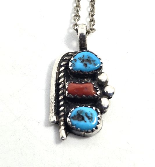 Bahe turquoise branch coral vintage Sterling Silver vintage pendant necklace