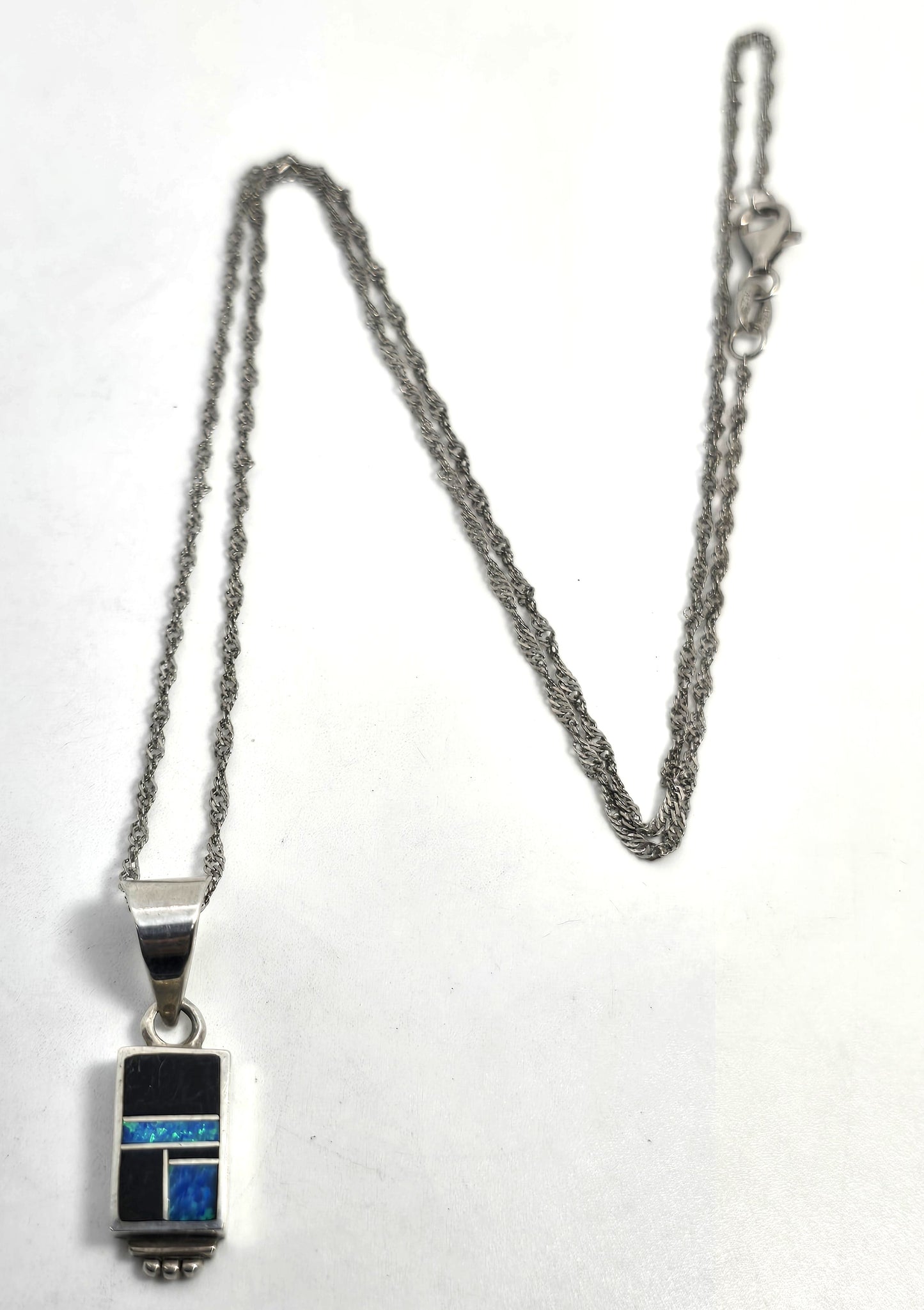 Native Sterling Silver blue fire opal Onyx Inlay Pendant necklace signed H