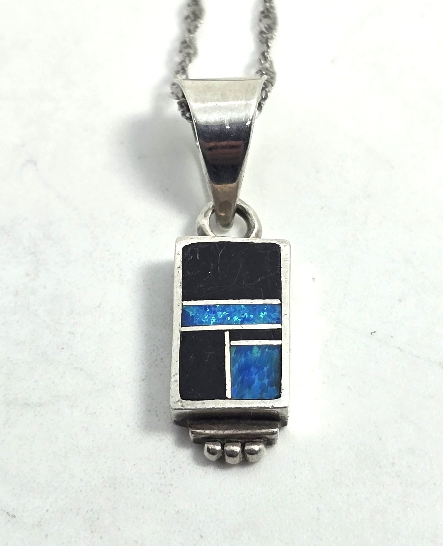 Native Sterling Silver blue fire opal Onyx Inlay Pendant necklace signed H
