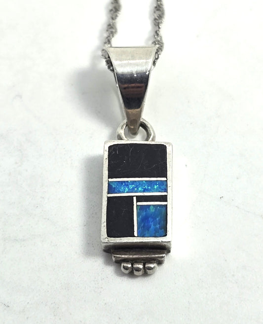 Native Sterling Silver blue fire opal Onyx Inlay Pendant necklace signed H