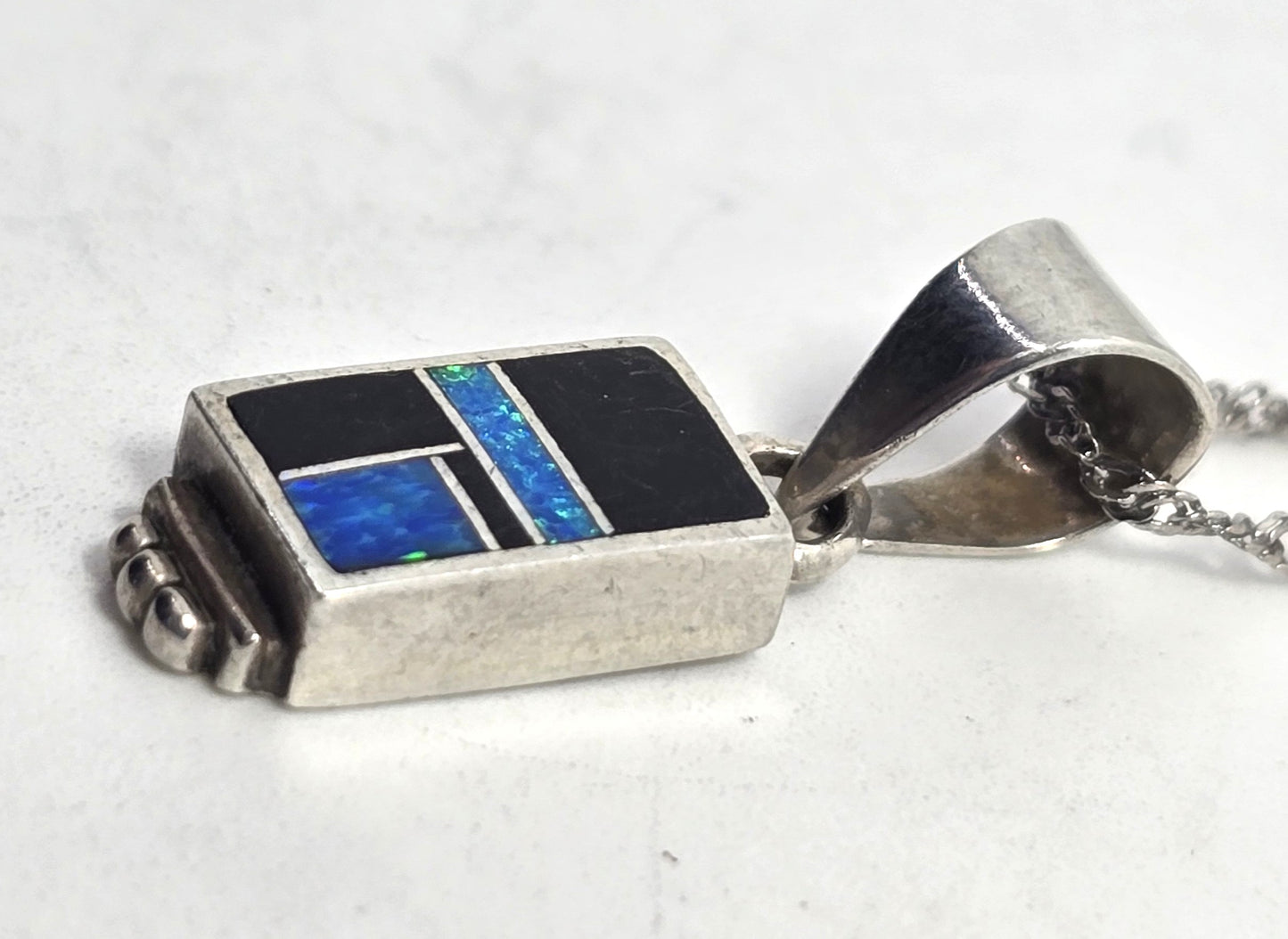 Native Sterling Silver blue fire opal Onyx Inlay Pendant necklace signed H