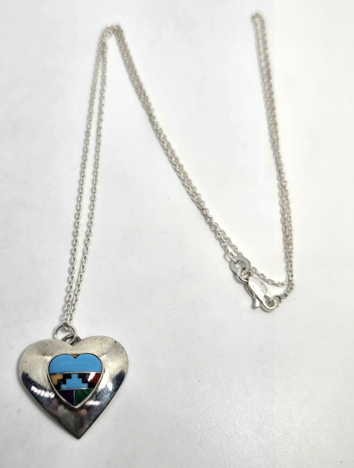 Turquoise gemstone inlay vintage Sterling Silver Southwestern heart necklace