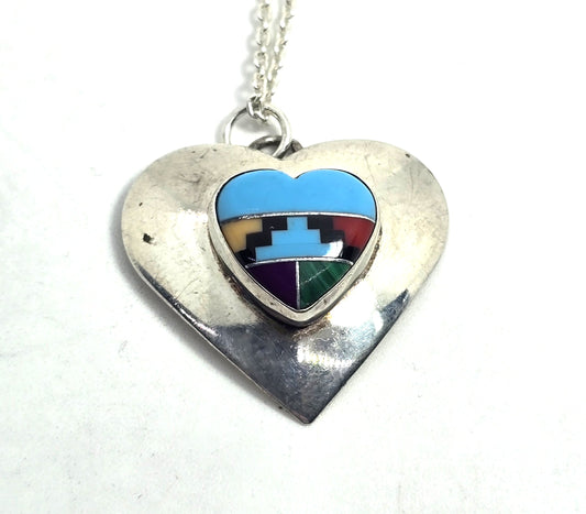 Turquoise gemstone inlay vintage Sterling Silver Southwestern heart necklace