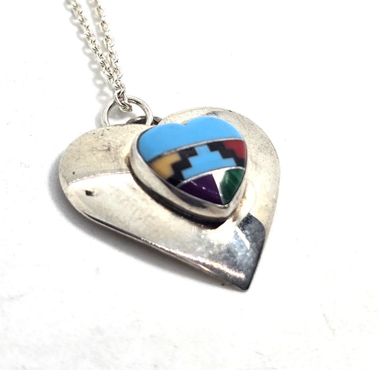 Turquoise gemstone inlay vintage Sterling Silver Southwestern heart necklace