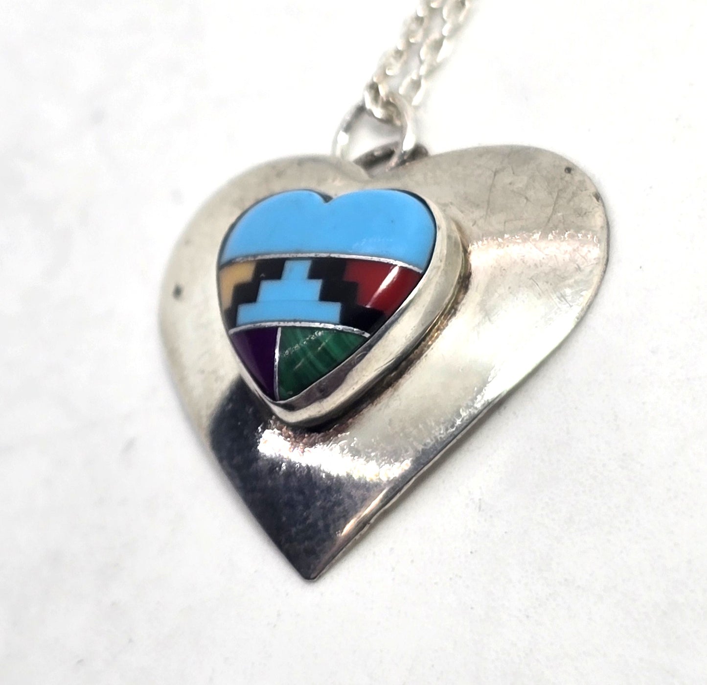 Turquoise gemstone inlay vintage Sterling Silver Southwestern heart necklace