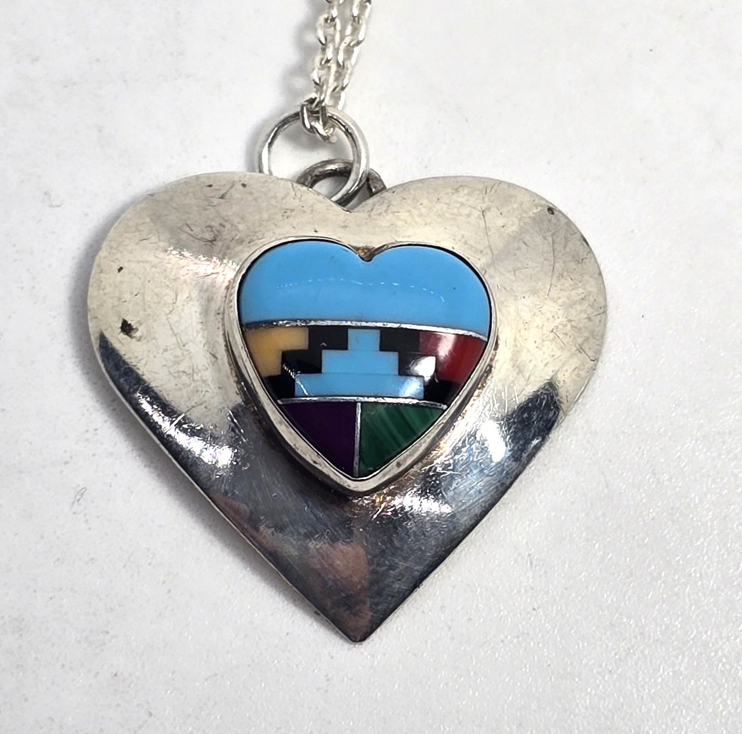 Turquoise gemstone inlay vintage Sterling Silver Southwestern heart necklace