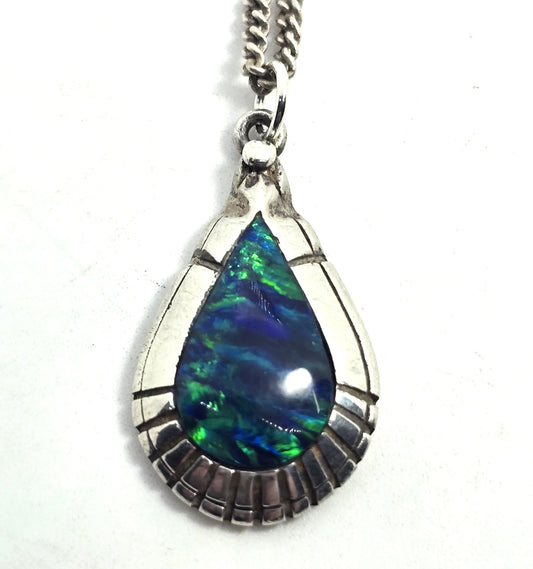 Blue fire opal VM Native American sterling silver vintage necklace