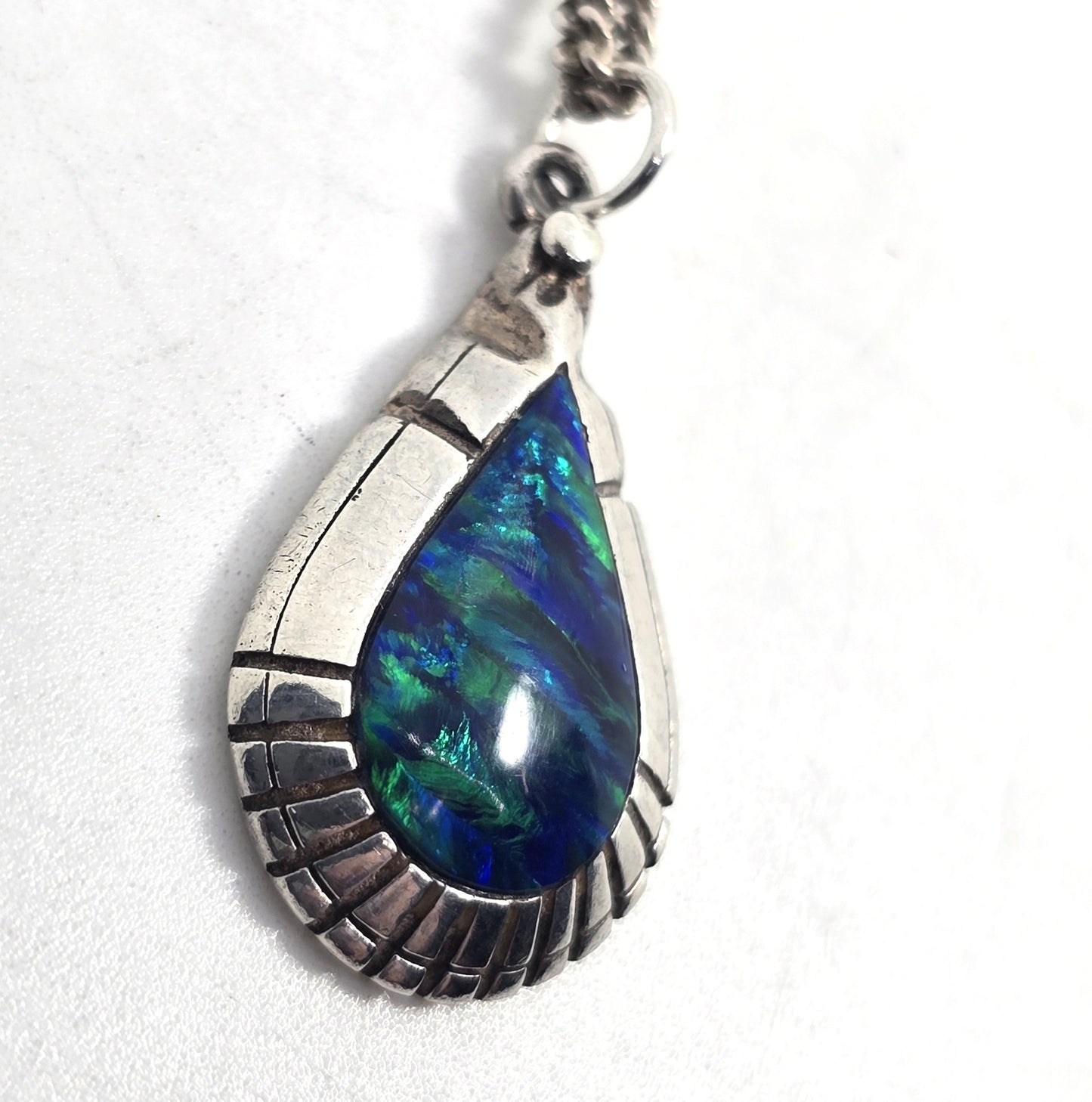 Blue fire opal VM Native American sterling silver vintage necklace