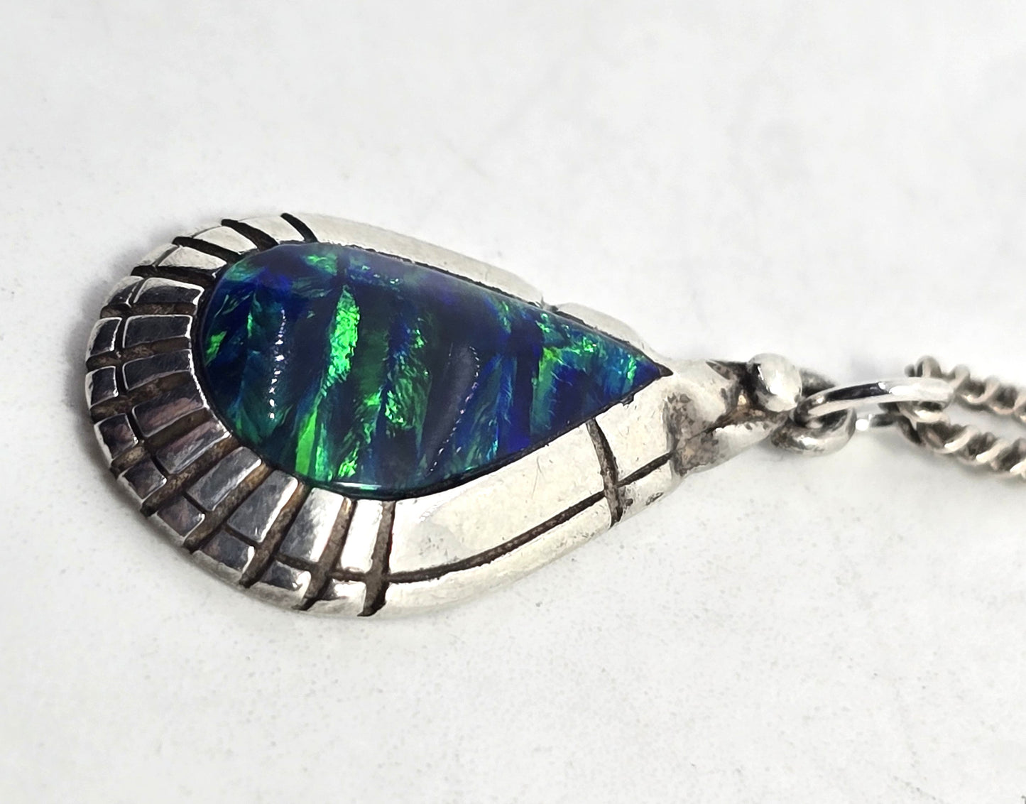 Blue fire opal VM Native American sterling silver vintage necklace