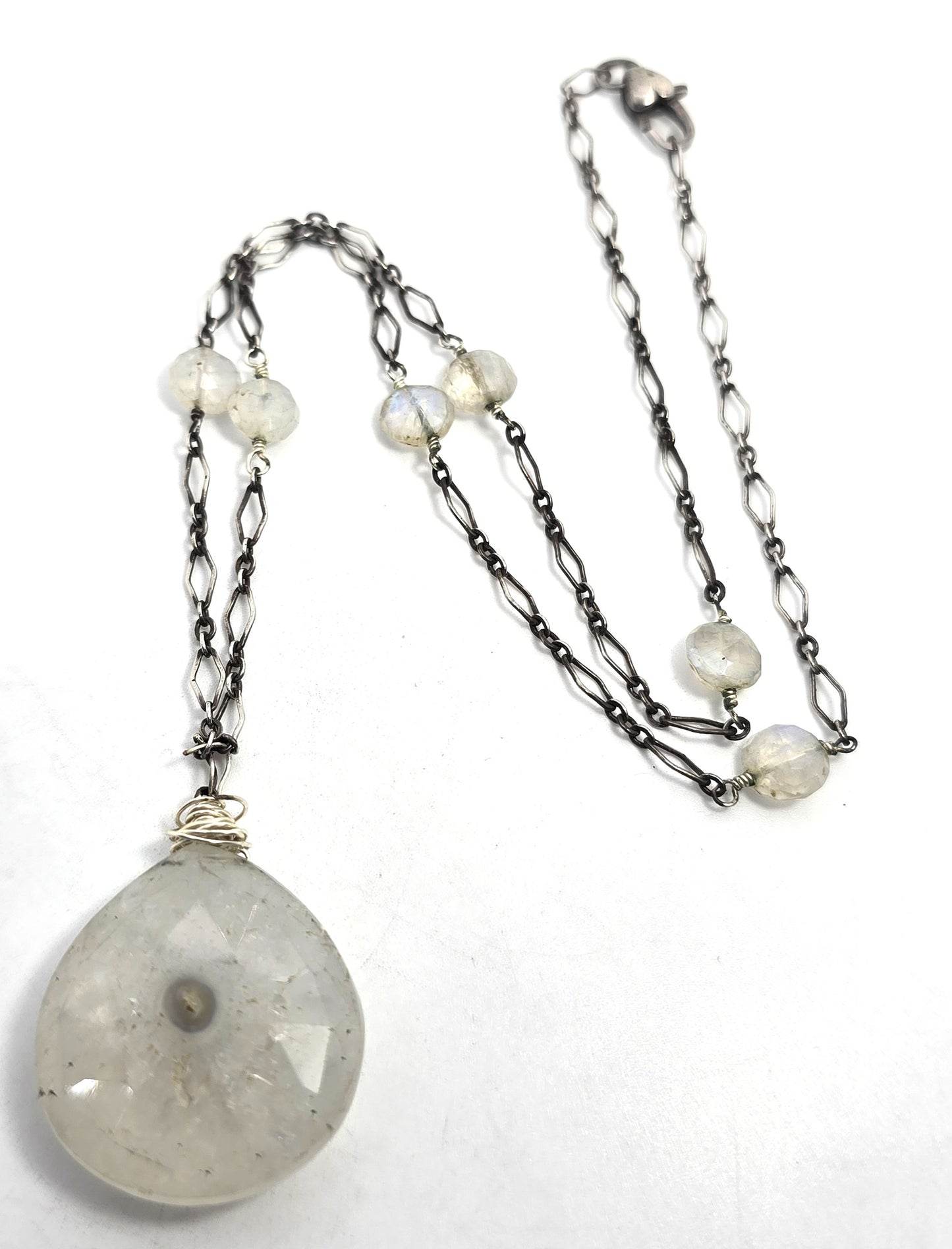 Stalactite blue Moonstone flashy linked sterling silver statement necklace