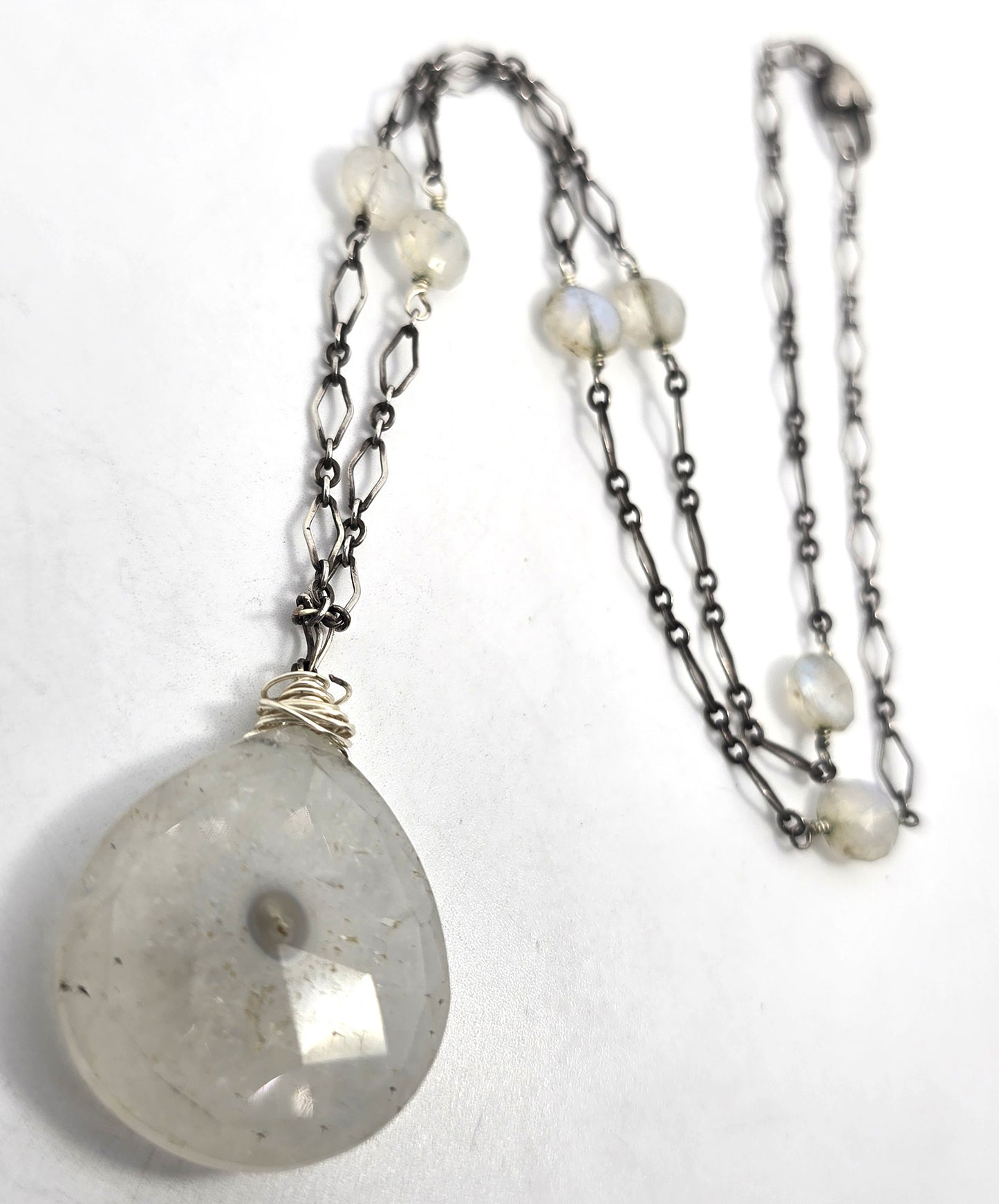 Stalactite blue Moonstone flashy linked sterling silver statement necklace