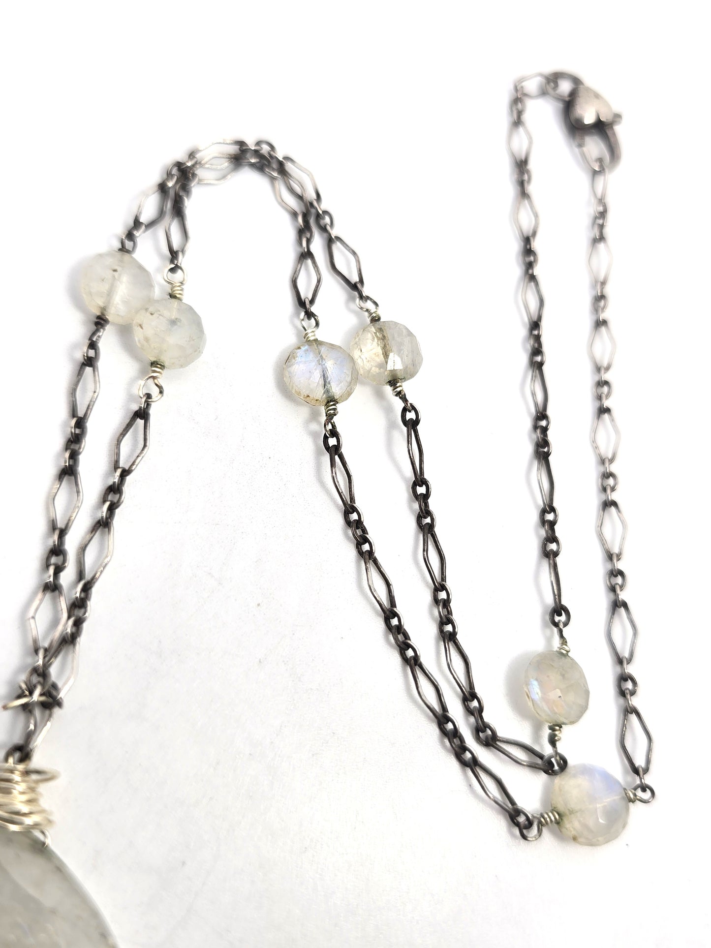 Stalactite blue Moonstone flashy linked sterling silver statement necklace