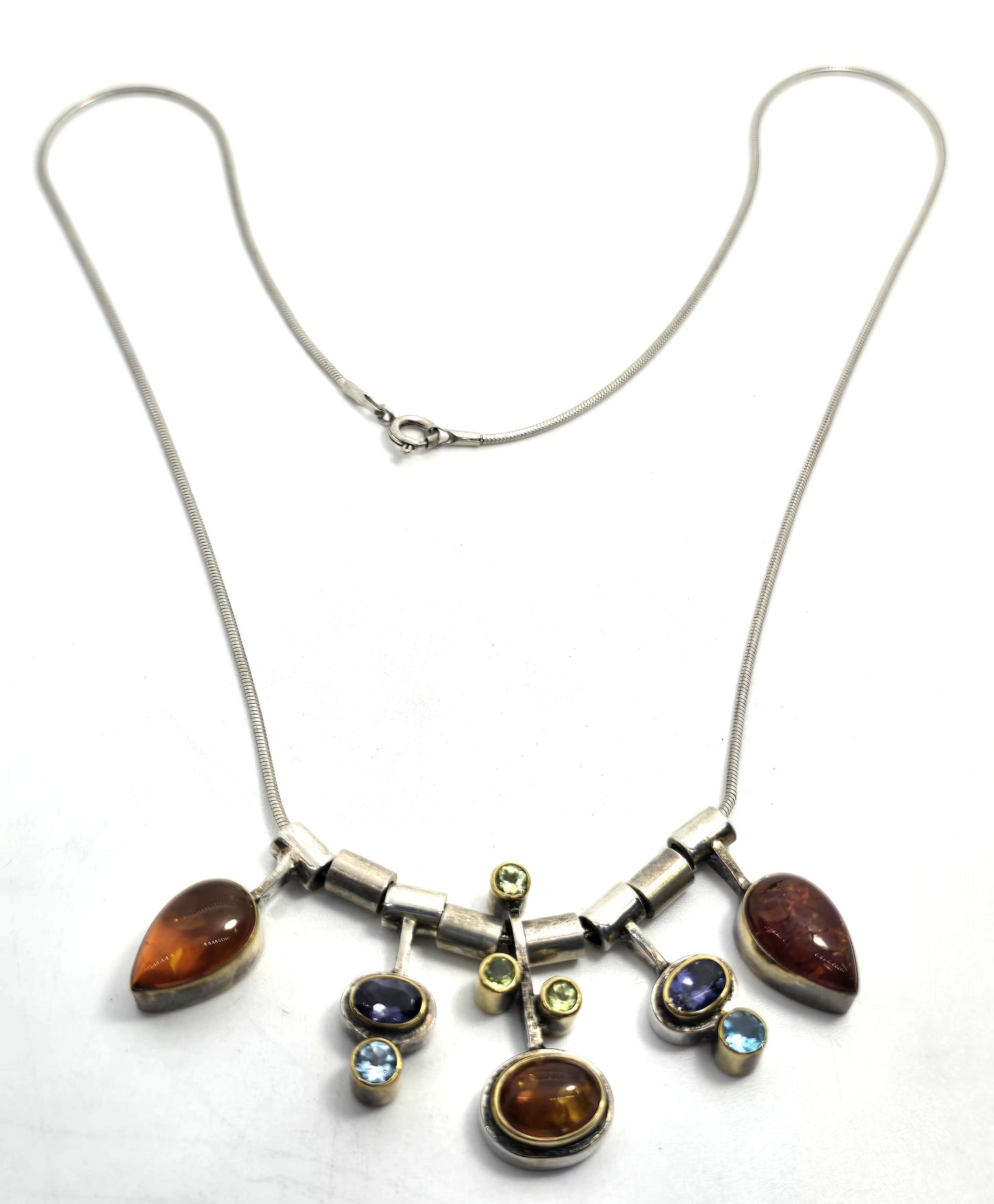 Modernist Amber Iolite Peridot and topaz vintage sterling silver necklace