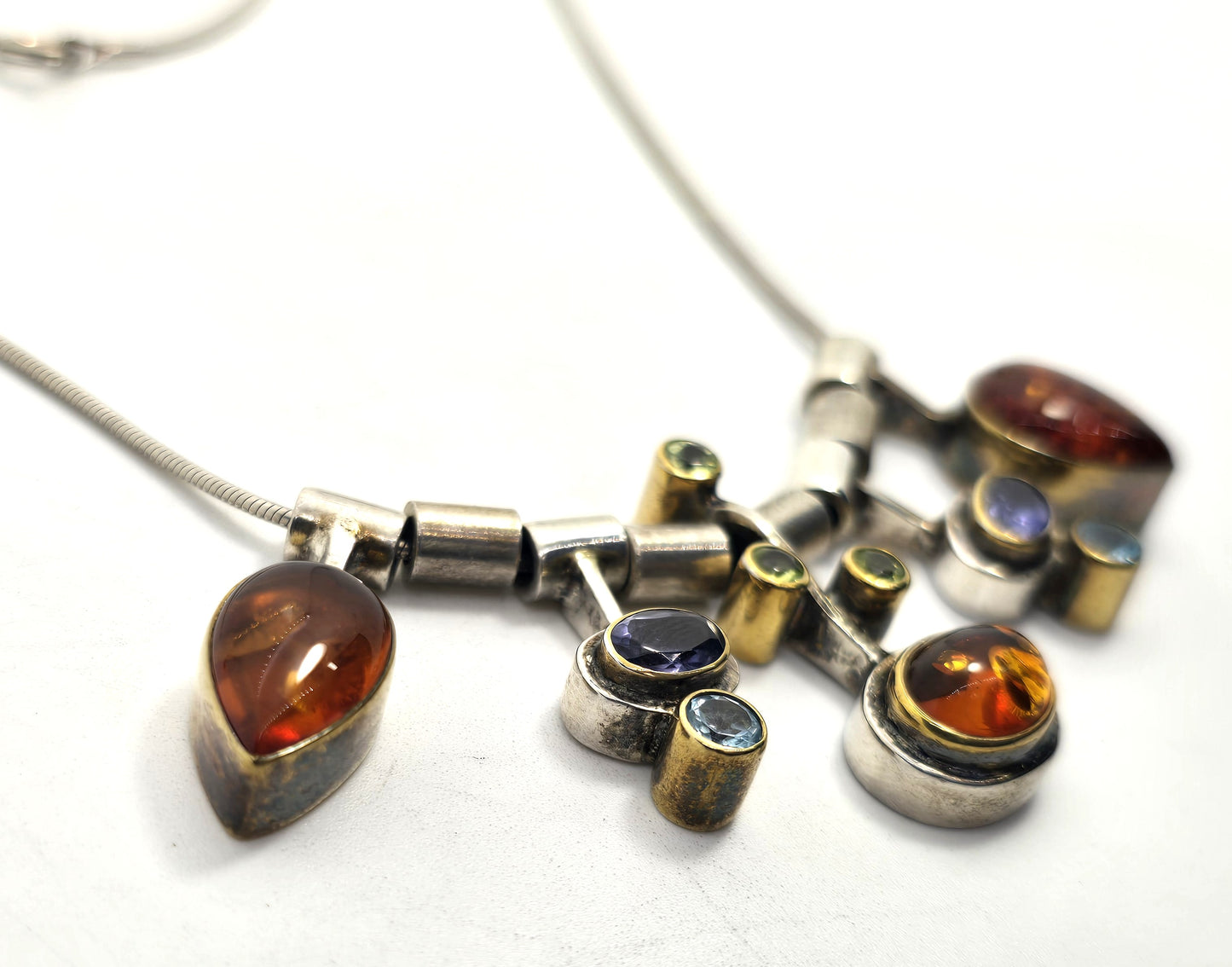 Modernist Amber Iolite Peridot and topaz vintage sterling silver necklace