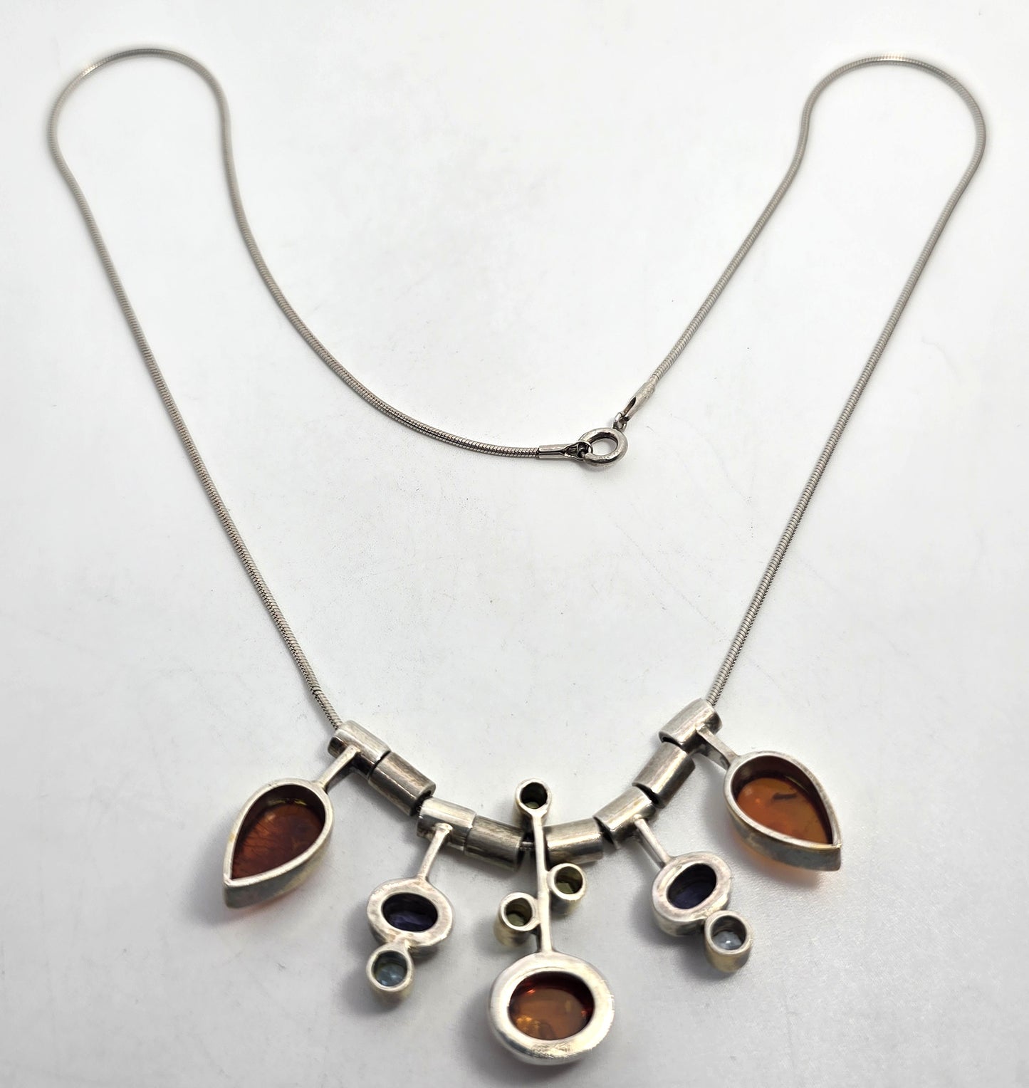 Modernist Amber Iolite Peridot and topaz vintage sterling silver necklace
