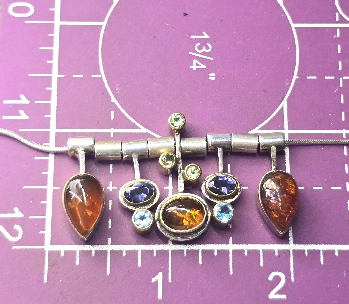 Modernist Amber Iolite Peridot and topaz vintage sterling silver necklace