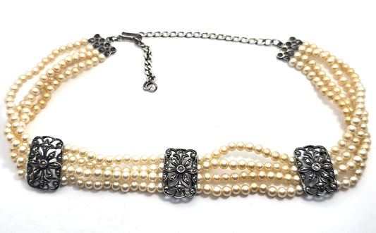 Four Strand cream pearl sterling silver marcasite panel vintage choker necklace