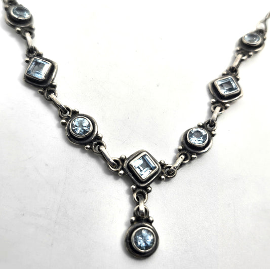 Blue Topaz princess cut open work sterling silver vintage necklace