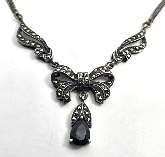 Black glass bow marcasite vintage sterling silver retro statement necklace