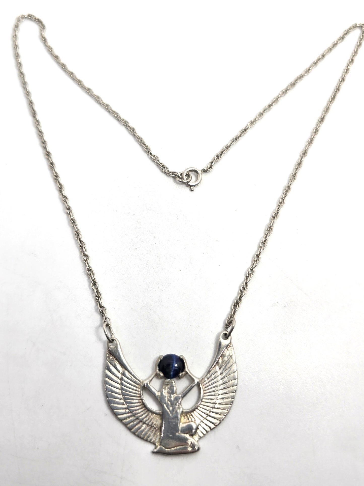 Egyptian Revival Isis Blue Tiger's Eye sterling silver vintage necklace